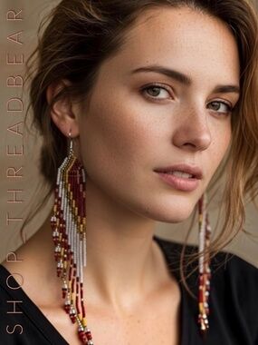 NWT! Boho + Beaded LONG Dangly Red White Silver & Gold Gypsy Festival Earrings